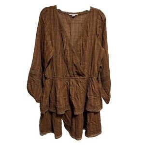 American Eagle Brown V Neck Faux Wrap Boho Tiered Mini‎ Dress Large